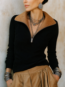 Women's Classic High-Stretch Color-Block Knit Zip-Collar Sweater ZMZ1093H9SWL