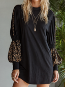 Women's Retro Casual Leopard Print Patchwork Cotton Crew Neck Long Sleeve T-Shirt Mini Dress ZMZ1017H5ZJY