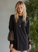 Women's Retro Casual Leopard Print Patchwork Cotton Crew Neck Long Sleeve T-Shirt Mini Dress ZMZ1017H5ZJY