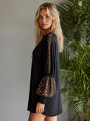 Women's Retro Casual Leopard Print Patchwork Cotton Crew Neck Long Sleeve T-Shirt Mini Dress ZMZ1017H5ZJY