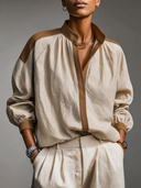 Women's Retro Casual Color Block Striped Stand Collar Long Sleeve Shirt ZMZ1018H2ZJY