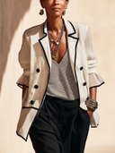 Women's Classic Beige Double-Breasted Cotton Jacket With Contrasting Trim ZMZ1054H5SWL