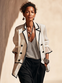 Women's Classic Beige Double-Breasted Cotton Jacket With Contrasting Trim ZMZ1054H5SWL