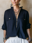 Women's Classic Navy Blue Textured Zip-up Collar Long-sleeved Top ZMZ1039H9SWL
