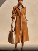 Women's Classic Caramel Faux Suede Long-Sleeve Midi Dress With Back Slit ZMZ1037H9SWL