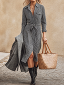 Women's Retro Casual Cotton Striped Collared Pocket Long-Sleeve Shirt Maxi Dress ZMZ1035H6ZJY