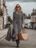 Women's Retro Casual Cotton Striped Collared Pocket Long-Sleeve Shirt Maxi Dress ZMZ1035H6ZJY