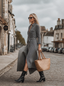 Women's Retro Casual Cotton Striped Collared Pocket Long-Sleeve Shirt Maxi Dress ZMZ1035H6ZJY