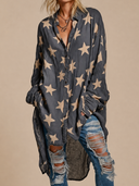Women's Retro Casual Star Print Lapel Long Sleeve Shirt ZMZ1064H0ZJY