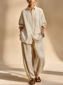 Women Striped Linen Matching Set, Oversized Button Down Shirt & Loose Wide Leg Pants Casual Two Piece Outfit ZMZ1196H5YZH