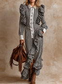 Women's Retro Casual Court Style Striped Ruffled Lapel Long Sleeve Maxi Dress ZMZ1196H6ZJY