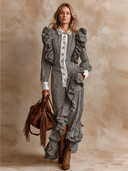 Women's Retro Casual Court Style Striped Ruffled Lapel Long Sleeve Maxi Dress ZMZ1196H6ZJY