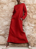 Women's Red Linen Long-Sleeve Boat Neck Maxi Dress ZMZ0406H7XT