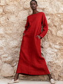 Women's Red Linen Long-Sleeve Boat Neck Maxi Dress ZMZ0406H7XT