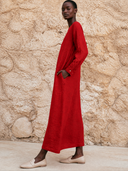Women's Red Linen Long-Sleeve Boat Neck Maxi Dress ZMZ0406H7XT