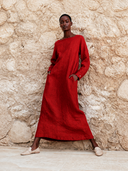 Women's Red Linen Long-Sleeve Boat Neck Maxi Dress ZMZ0406H7XT