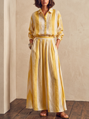 Women Yellow Striped Print Set, Long Sleeve Button Down Shirt & High Waist Maxi Skirt Two Piece Outfit With Pockets ZMZ1171H5YZH