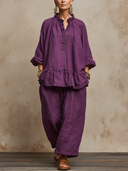 Women Linen Two Piece Outfit, Ruffle Neck Half Button Peplum Blouse & Wide Leg Loose Pants Casual Matching Set ZMZ1108H5YZH