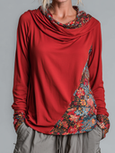 Women's Retro Casual Floral Patchwork Cotton Duffle Neck Long Sleeve Loose T-Shirt ZMZ1172H0ZJY