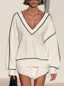 Women's Casual Sporty Loose V-neck Color Block Trim Sweatshirt ZMZ0712H8XT