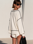 Women's Casual Sporty Loose V-neck Color Block Trim Sweatshirt ZMZ0712H8XT