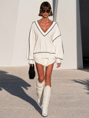 Women's Casual Sporty Loose V-neck Color Block Trim Sweatshirt ZMZ0712H8XT