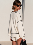 Women's Casual Sporty Loose V-neck Color Block Trim Sweatshirt ZMZ0712H8XT