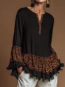 Women's Retro Casual Leopard Print Patchwork Cotton Ruffled Long-Sleeve Pullover Shirt ZMZ1159H7ZJY