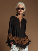 Women's Retro Casual Leopard Print Patchwork Cotton Ruffled Long-Sleeve Pullover Shirt ZMZ1159H7ZJY