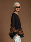 Women's Retro Casual Leopard Print Patchwork Cotton Ruffled Long-Sleeve Pullover Shirt ZMZ1159H7ZJY