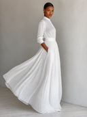 Women's Solid-Color Pleated Chiffon Long-Sleeve Maxi Dress ZMZ1114H9XT