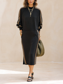 Women's Classic Cotton Round Neck Long Sleeve Side Slit Midi Dress ZMZ1115H2SWL