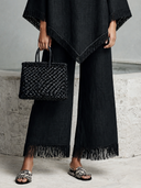 Women's Solid Color Cotton Linen Fringed Cape-style Top And Wide-leg Pants Two-piece Set ZMZ1024H6XT