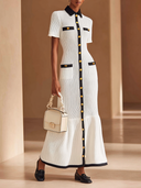 Women's Color-Block Trim Lapel Button-Front Knit Maxi Dress ZMZ1008H7XT