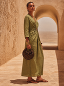 Women's Solid-Color V-Neck Cut-Out Linen Maxi Dress ZMZ1014H4XT