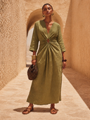 Women's Solid-Color V-Neck Cut-Out Linen Maxi Dress ZMZ1014H4XT
