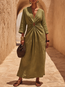Women's Solid-Color V-Neck Cut-Out Linen Maxi Dress ZMZ1014H4XT