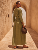 Women's Solid-Color V-Neck Cut-Out Linen Maxi Dress ZMZ1014H4XT