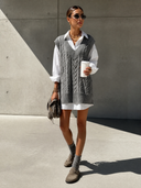 Women's Retro Casual Cotton Yarn Knit Round Neck Sleeveless Mini Dress And Long Sleeve Shirt Two-Piece Set ZMZ1169H3ZJY