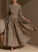 Women Striped Midi Dress, Boat Neck Long Sleeve Belted Pleated Flowy Swing Elegant Vintage Dress ZMZ1164H3YZH