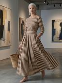Women Striped Midi Dress, Boat Neck Long Sleeve Belted Pleated Flowy Swing Elegant Vintage Dress ZMZ1164H3YZH