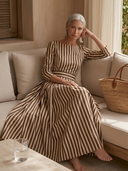 Women Striped Midi Dress, Boat Neck Long Sleeve Belted Pleated Flowy Swing Elegant Vintage Dress ZMZ1164H3YZH
