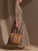 Women Striped Midi Dress, Boat Neck Long Sleeve Belted Pleated Flowy Swing Elegant Vintage Dress ZMZ1164H3YZH