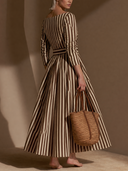 Women Striped Midi Dress, Boat Neck Long Sleeve Belted Pleated Flowy Swing Elegant Vintage Dress ZMZ1164H3YZH
