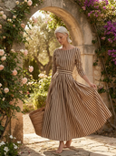 Women Striped Midi Dress, Boat Neck Long Sleeve Belted Pleated Flowy Swing Elegant Vintage Dress ZMZ1164H3YZH