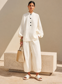 Women's Cotton-Linen Mandarin Collar Top And Wide-Leg Pants Two-Piece Set ZMZ1045H6XT