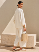 Women's Cotton-Linen Mandarin Collar Top And Wide-Leg Pants Two-Piece Set ZMZ1045H6XT
