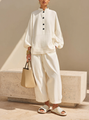 Women's Cotton-Linen Mandarin Collar Top And Wide-Leg Pants Two-Piece Set ZMZ1045H6XT