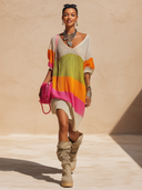 Women's Fashionable Color-Block V-Neck Long-Sleeve Sweater Dress ZMZ1111H5SWL