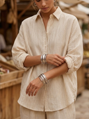 Women Striped Linen Matching Set, Oversized Button Down Shirt & Loose Wide Leg Pants Casual Two Piece Outfit ZMZ1196H5YZH